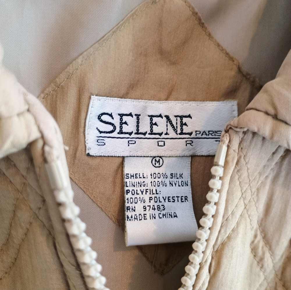 Selene Paris 100% Silk Tan/Olive Quilted Zippered Vest Women's Medium Vintage - Picture 5 of 8